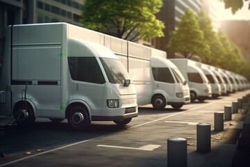 EV charging station amidst delivery vans. Generative AI