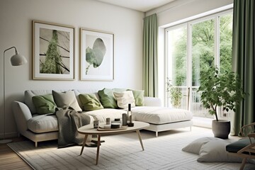 White living area, green couch, Scandinavian decor. Generative AI
