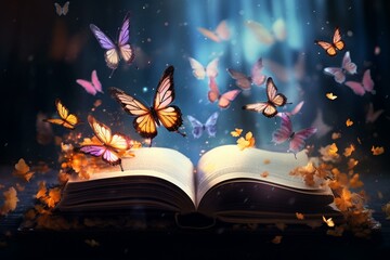 A book with flying butterflies, perfect for fantasy and literature backgrounds. Generative AI