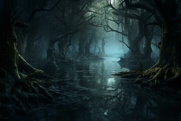 Mysterious swamp with spooky trees under moonlit night, surrounded by dark water. Generative AI