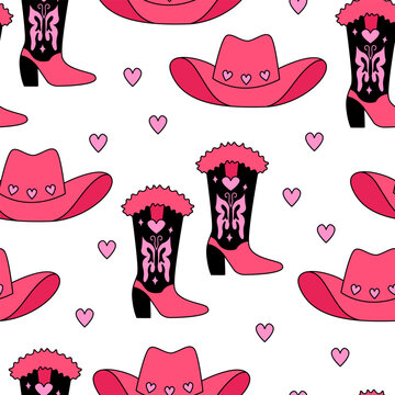 Seamless pattern with cowboy boots, hats and hearts. Vector background in disco western style