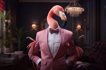 A stylish flamingo dressed in a dapper pink suit and bow tie