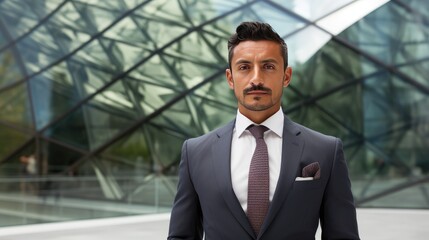 Portrait of a mid adult Mexican businessman in front of a modern corporate glass building