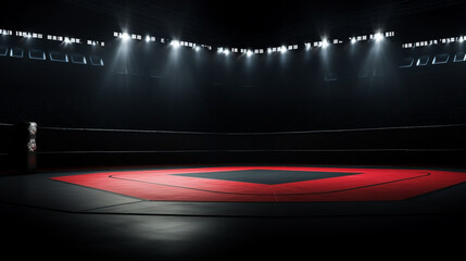 Empty fighting arena background with lights and spotlight.  Mixed Martial Arts Fighting Arena with copy space - obrazy, fototapety, plakaty