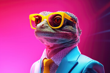 A fashionable chameleon in stylish sunglasses and a trendy blue suit - obrazy, fototapety, plakaty