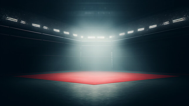 Empty fighting arena background with lights and spotlight.  Mixed Martial Arts Fighting Arena with copy space