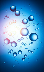 Models of hydrogen molecules floating against blue background - H2 scientific element - 3D illustration