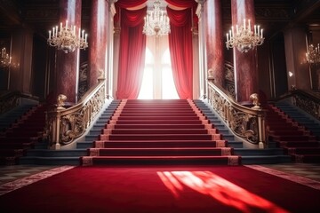 A grand staircase adorned with a sparkling chandelier - obrazy, fototapety, plakaty
