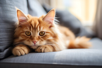 Adorable cute ginger cat relaxing on couch in living room