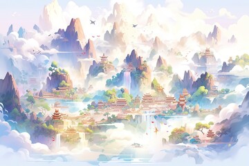 Chinese landscape map, distant mountains, clear rivers, ancient buildings, ships, birds, clouds and mist, brilliant light.