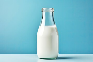 A glass bottle with full milk on blue background.