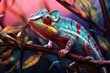 A vibrant reptile perched on a branch