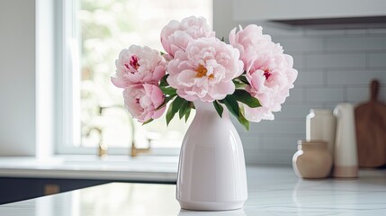 A white vase full of pink flowers is sitting on counter.