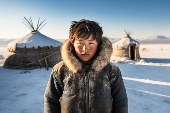 A young mongolian boy wearing a furry coat in the snow created with Generative AI technology