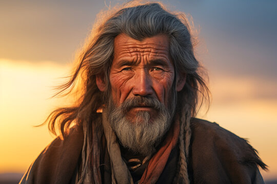 An old man with white hair and a fur coat created with Generative AI technology