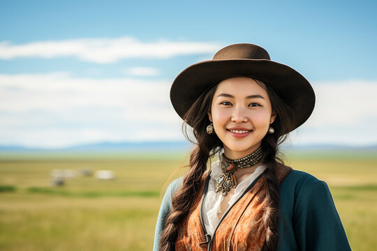 A woman in a hat is standing in a field created with Generative AI technology
