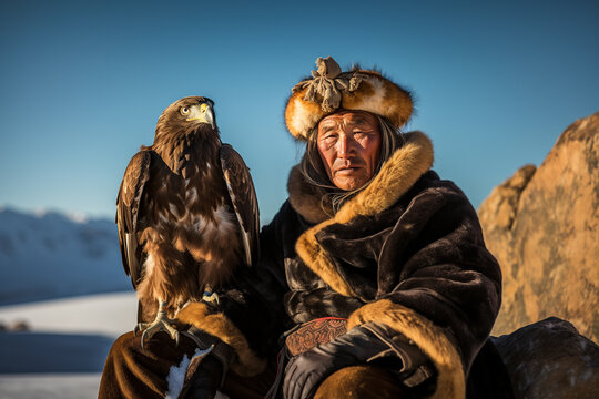 An old man sitting on a rock with an eagle on his arm created with Generative AI technology