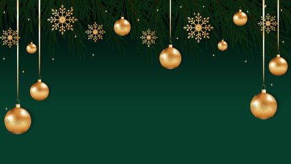 Christmas background with fir branches and golden balls, golden snowflakes on a green background. Festive design template for winter holidays.