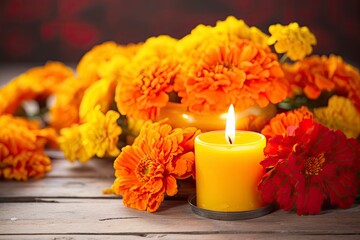 Fototapeta na wymiar Candles and marigold flowers. Day of the dead concept dia de los muertos.