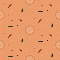 Seamless pattern with the image of a dream catcher and feathers, multi-colored circles on an orange background, digital hand drawing.