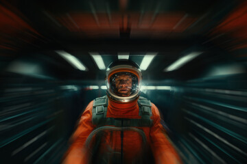 Intense close-up of an astronaut surrounded by dynamic speed lights in a futuristic spaceship. The gaze reveals a sense of determination and focus. Generative AI.
