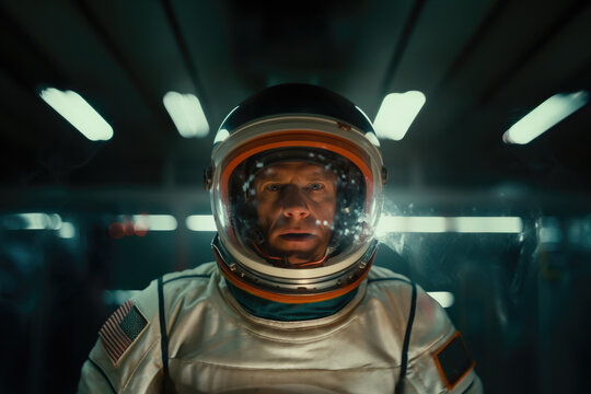 Astronaut in a lit spaceship corridor, donning a space helmet, with the ambiance of an imminent space mission. Generative AI.