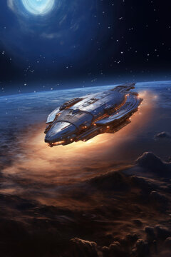 Sleek spacecraft glides above turbulent clouds, beneath a captivating cosmic backdrop, showcasing human endeavor in space exploration. Generative AI.