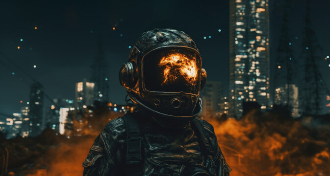 A post-apocalyptic scene with a dark figure wearing a weathered gas mask, reflecting a fiery explosion amidst an urban backdrop. The atmosphere conveys a sense of foreboding. Generative AI.