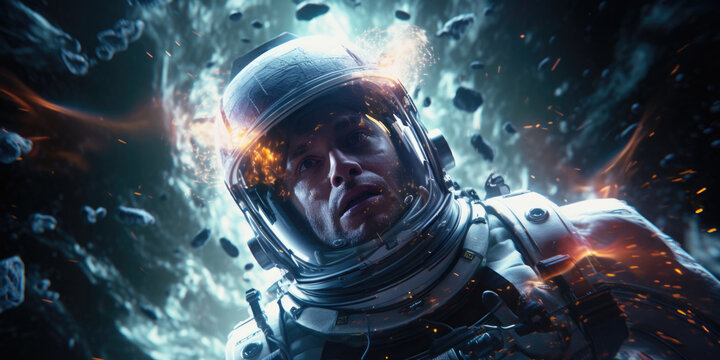 A close-up of an astronaut surrounded by fiery particles and floating debris in outer space. The helmet reflects the blazing inferno, portraying a sense of danger and urgency. Generative AI.