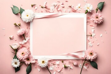 Fototapeta na wymiar White blank card with pastel flowers and ribbon on pink pale background, floral frame. Creative greeting, Invitation