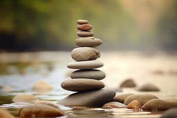 A balanced arrangement of stones on the edge of a flowing river