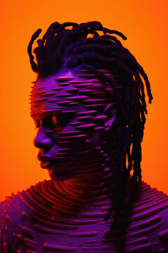 A captivating portrayal of a black man with a distorted facial structure against a vibrant orange background. Spiraling, intertwined patterns emerge from the figure's silhouette. Generative AI.