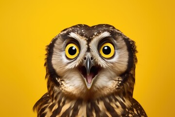 A vibrant close-up of a majestic owl against a sunny yellow backdrop