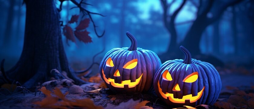 halloween pumpkin in the forest, Halloween Decoration , Spooky Halloween Scene Full Moon Pumpkin Lamp And Blue Orange Theme In 3d Illustration Background. Generative AI