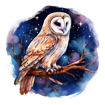 Watercolor magical owl sitting on a tree branch for T-shirt Design.