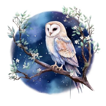 Watercolor magical owl sitting on a tree branch for T-shirt Design.