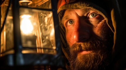 Obraz premium A reflective shot of a fisherman's face, illuminated by the warm glow of a lantern, as they prepare to venture out for a night of fishing