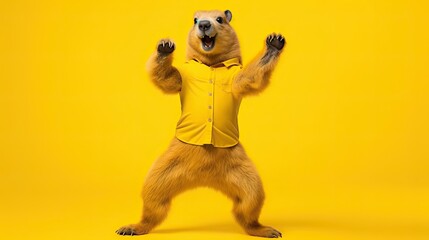 A cheerful marmot in a T-shirt dances a cheerful dance on a yellow background. Groundhog Day