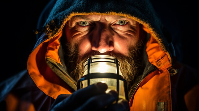 A reflective shot of a fisherman's face, illuminated by the warm glow of a lantern, as they prepare to venture out for a night of fishing