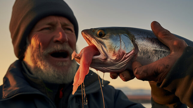 A fisherman's weathered hands expertly removing a hook from the mouth of a striking rainbow trout, emphasizing catch and release practices