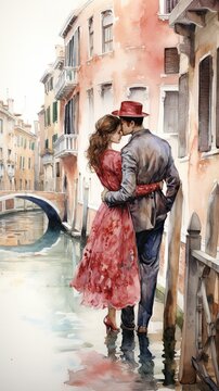 Romantic watercolor illustration of a man and a stylishly dressed woman looking at each other with love against the backdrop of the canals of Venice, Valentine's Day. Vertical image
