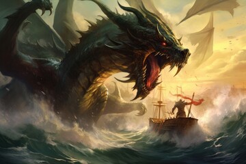 A fierce dragon wreaking havoc on a brave ship sailing the treacherous seas - obrazy, fototapety, plakaty