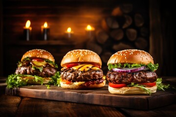 Delicious homemade hamburgers served on a rustic wooden cutting board