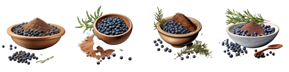 Juniper berries Bowl Powdered And Spices Hyperrealistic Highly Detailed Isolated On Transparent Background Png File