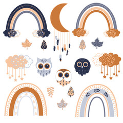 A set of children's images of owls, rainbows, clouds, moon, leaves, pine cones in boho style to create a pattern, banner, sign, advertisement, digital hand drawing.