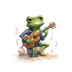 Obraz premium Watercolor green frog playing a tiny musical instrument on white background.