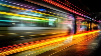 Light trace during subway train movement with long exposure. Dynamic background. Illustration for cover, card, postcard, interior design, decor or print.