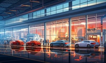 A modern futuristic hall for the production of electric vehicles. New electric cars parked in front of the glass hall. Generative Ai