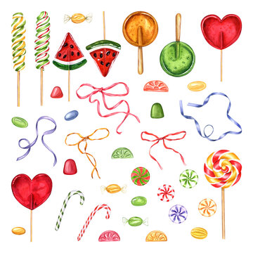 Set of caramels. Lollipop watermelon slices, chocolate seeds. Lollipops in the shape of red heart. Jelly, spiral candies. Ribbons for decoration. Watercolor illustration
