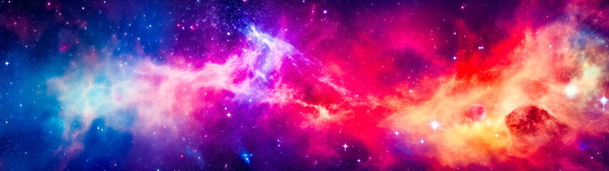 Colorful space filled with stars and bright red and blue star in the center.